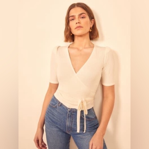 REFORMATION Rosebud Ribbed Wrap Top In Ivory - Picture 3 of 7